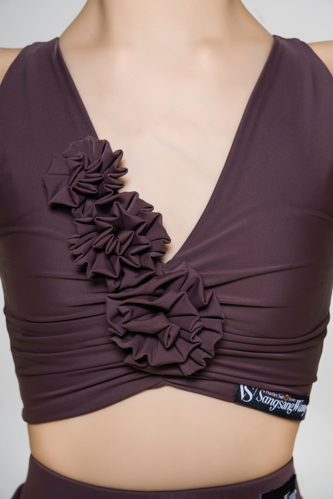 Girls' Floral Sleeveless Crop Top (with Two Wrist Corsages / Coffee with Yellow & Blue)