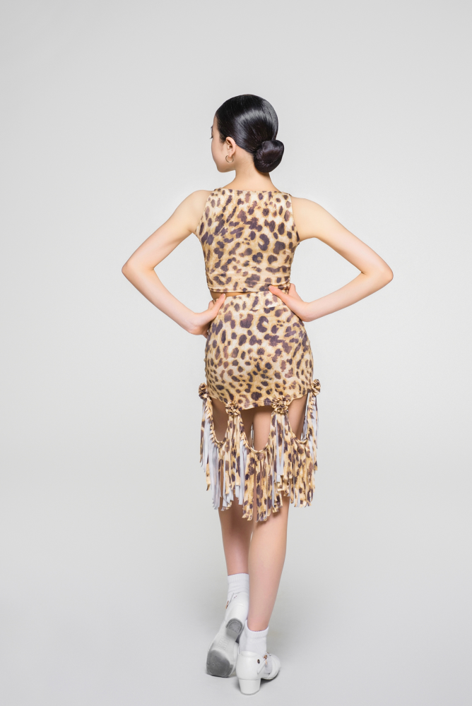 Girls' Floral Strap Color-Changeable Fringe Skirt (with Undershorts / Coffee with Yellow & Blue)