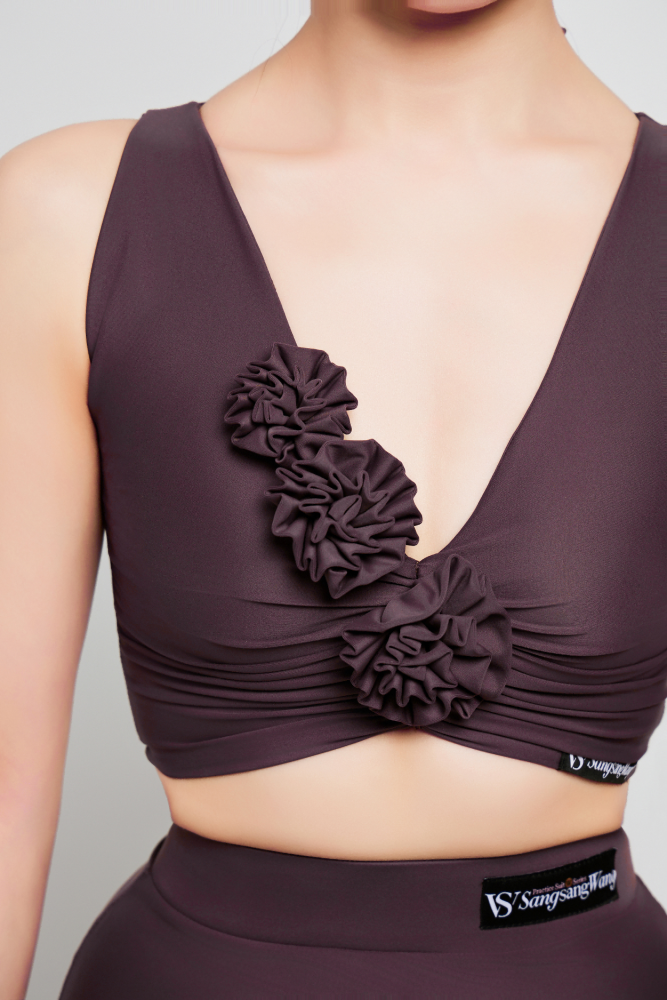 Women's Floral Sleeveless Crop Top (with Two Wrist Corsages / Coffee with Yellow & Blue）