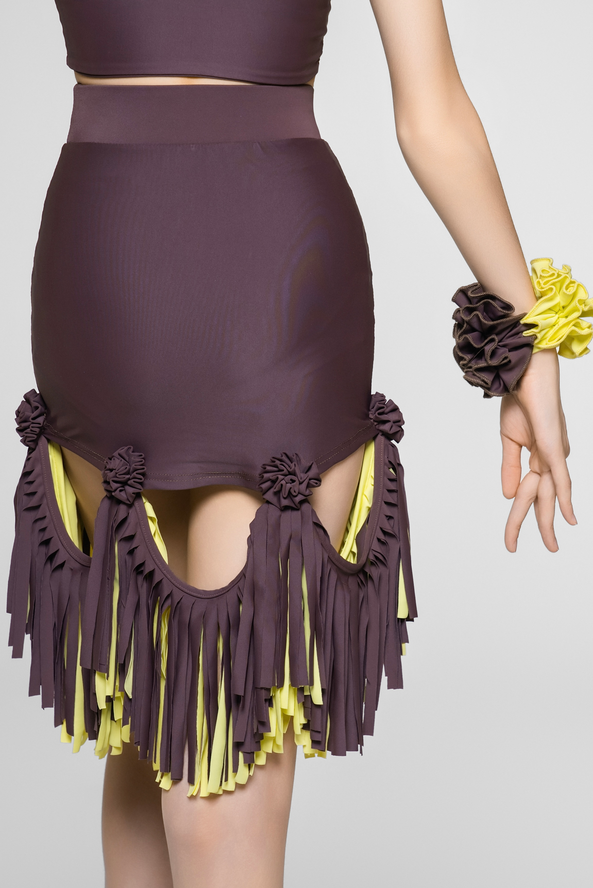 Girls' Floral Strap Color-Changeable Fringe Skirt (with Undershorts / Coffee with Yellow & Blue)