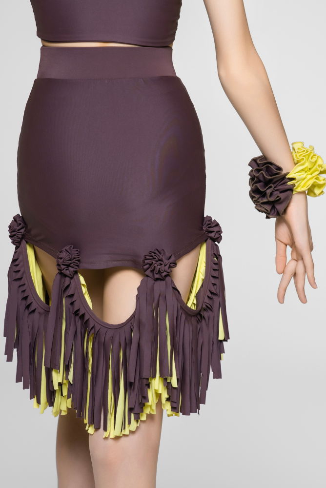 Girls' Floral Strap Color-Changeable Fringe Skirt (with Undershorts / Coffee with Yellow & Blue)