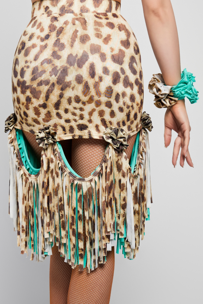 Women's Floral Strap Color-Changeable Fringe Skirt (with Undershorts / Coffee with Yellow & Blue)