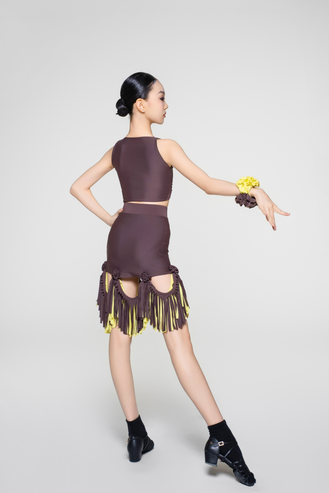 Girls' Floral Sleeveless Crop Top (with Two Wrist Corsages / Coffee with Yellow & Blue)