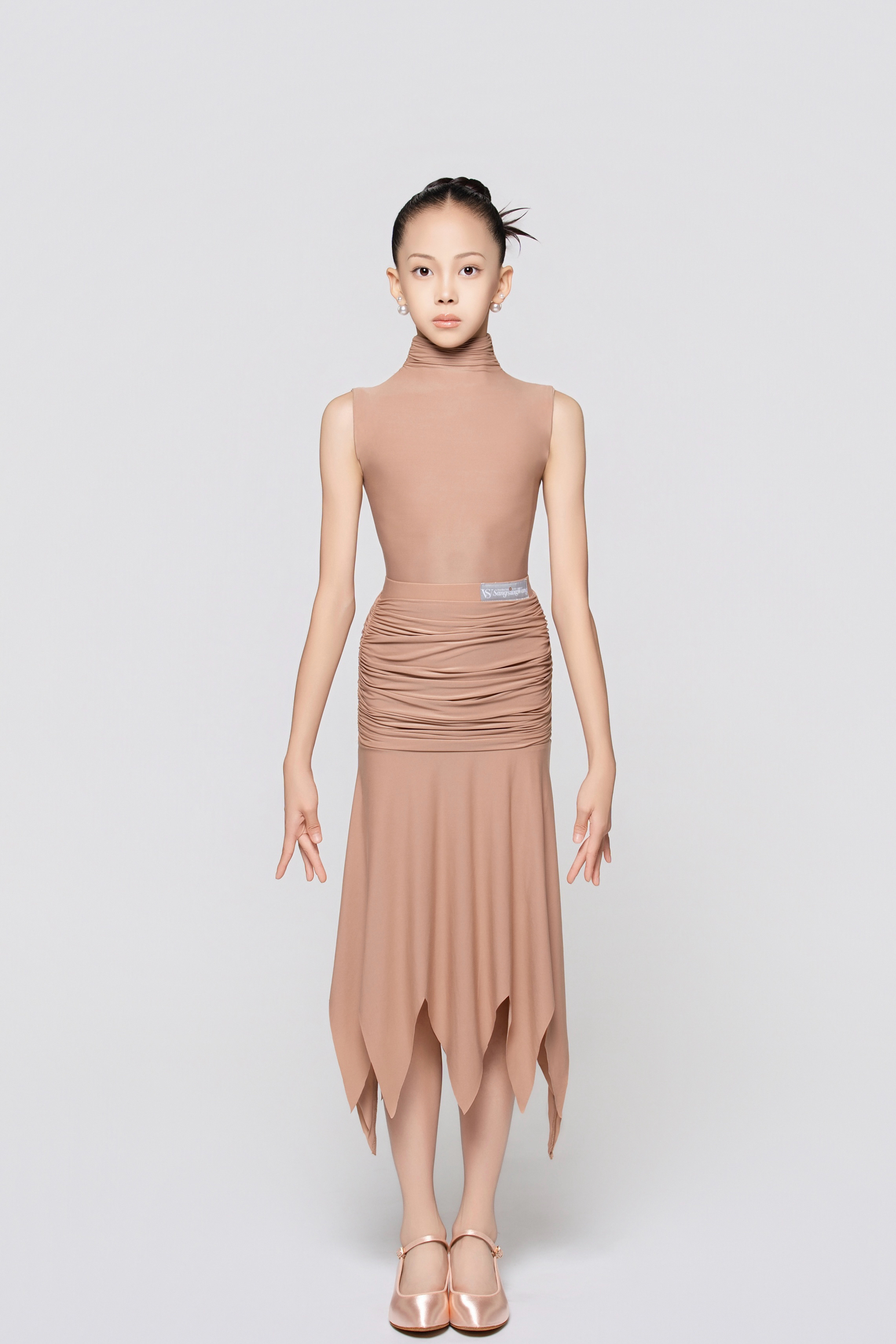 Girl's Barely-There Ultra-Lightweight High-Neck Ruched Sleeveless Bodysuit (Nude)