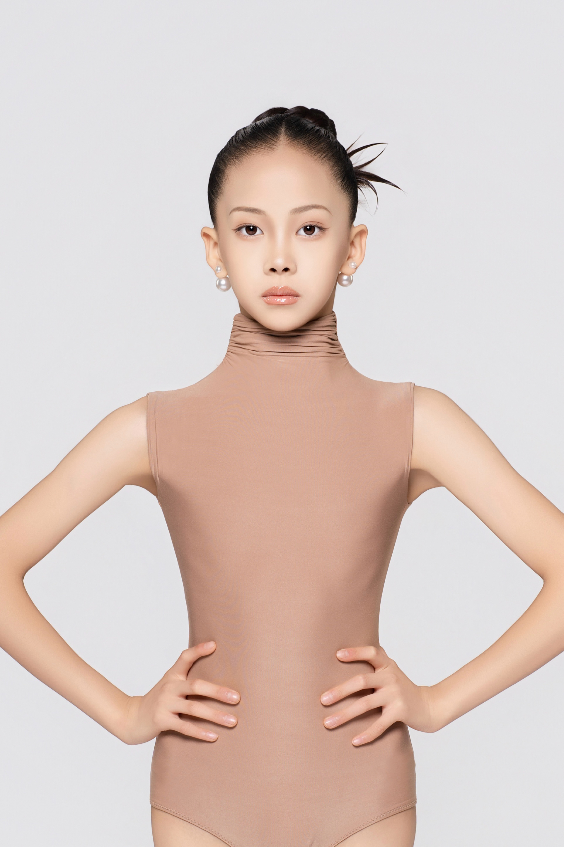 Girl's Barely-There Ultra-Lightweight High-Neck Ruched Sleeveless Bodysuit (Nude)
