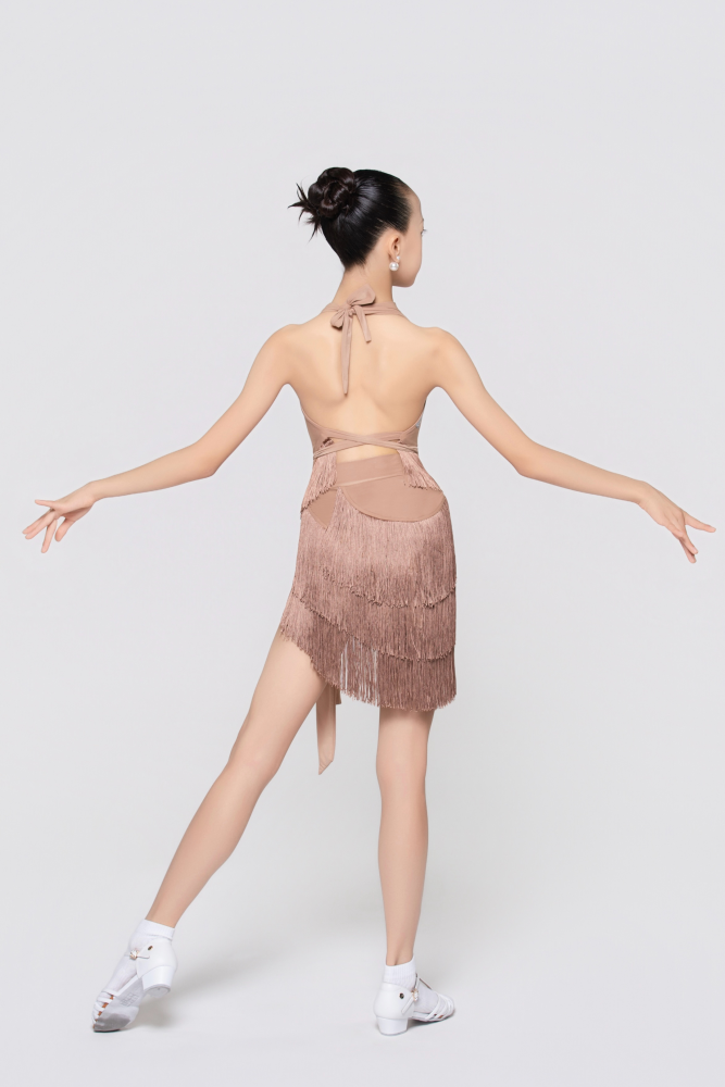 Girls' Barely-There Ultra-Lightweight Three-Layer Fringed Tie-Waist Skirt (Nude)