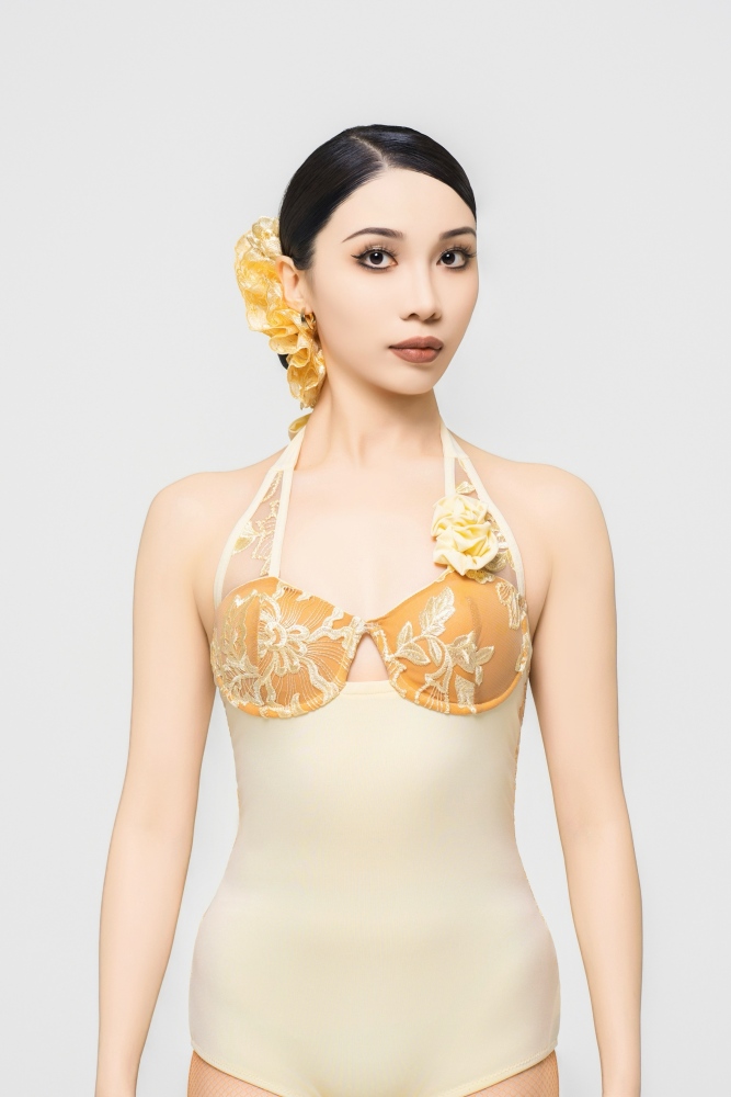 Women's Rose Embroidery Two-Flower Halter Bodysuit（Chick Yellow）