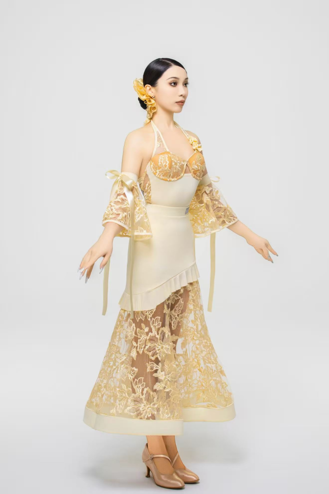 Women's Rose Embroidery Ballroom Dress (with Sleeve Accessories / Chick Yellow)