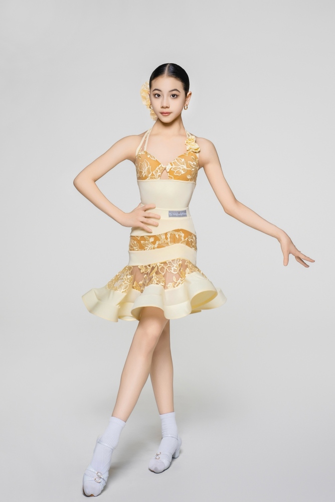 Girls' Rose Embroidery Latin Skirt with Flare（Chick Yellow）