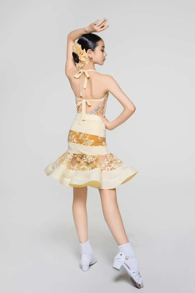 Girls' Rose Embroidery Latin Skirt with Flare（Chick Yellow）