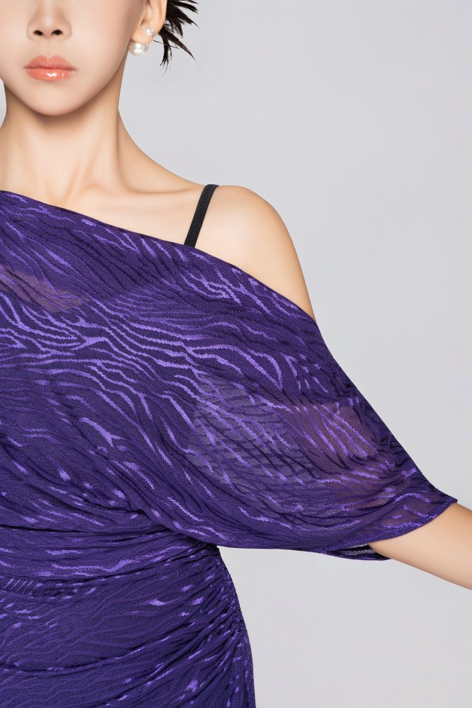 Girls' Zebra Print High-Elastic Mesh One-Shoulder Dress (with Belt and Leg Accessories) (Purple)