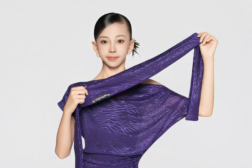 Girls' Zebra Print High-Elastic Mesh One-Shoulder Dress (with Belt and Leg Accessories) (Purple)