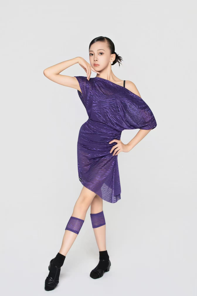 Girls' Zebra Print High-Elastic Mesh One-Shoulder Dress (with Belt and Leg Accessories) (Purple)