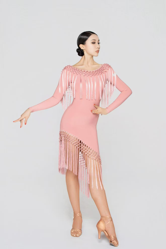 Women's Handmade Tassel Long-sleeve Dress (with chest pad/Lipstick Pink)