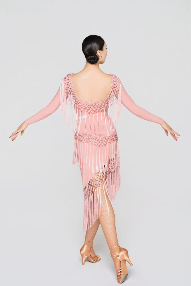 Women's Handmade Tassel Long-sleeve Dress (with chest pad/Lipstick Pink)