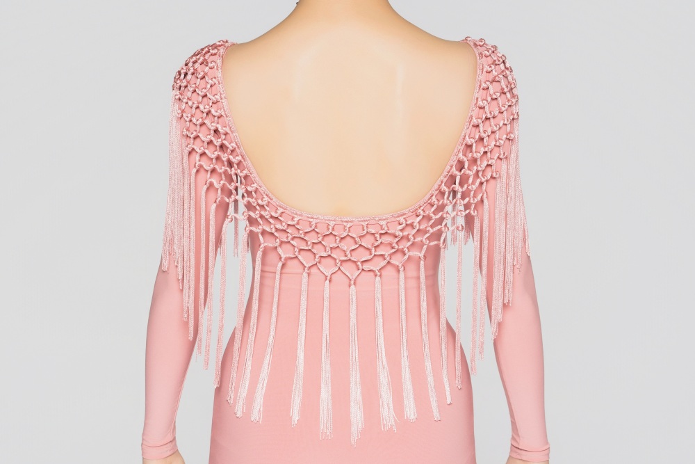 Women's Handmade Tassel Long-sleeve Dress (with chest pad/Lipstick Pink)