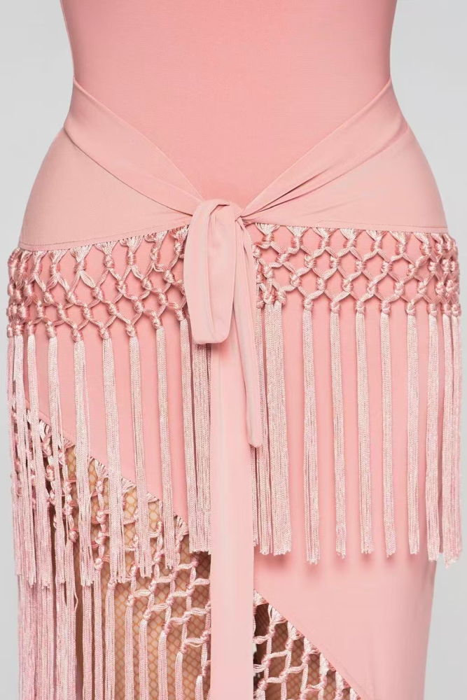 Women's Handmade Tassel Long-sleeve Dress (with chest pad/Lipstick Pink)