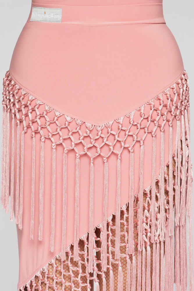 Women's Handmade Tassel Long-sleeve Dress (with chest pad/Lipstick Pink)