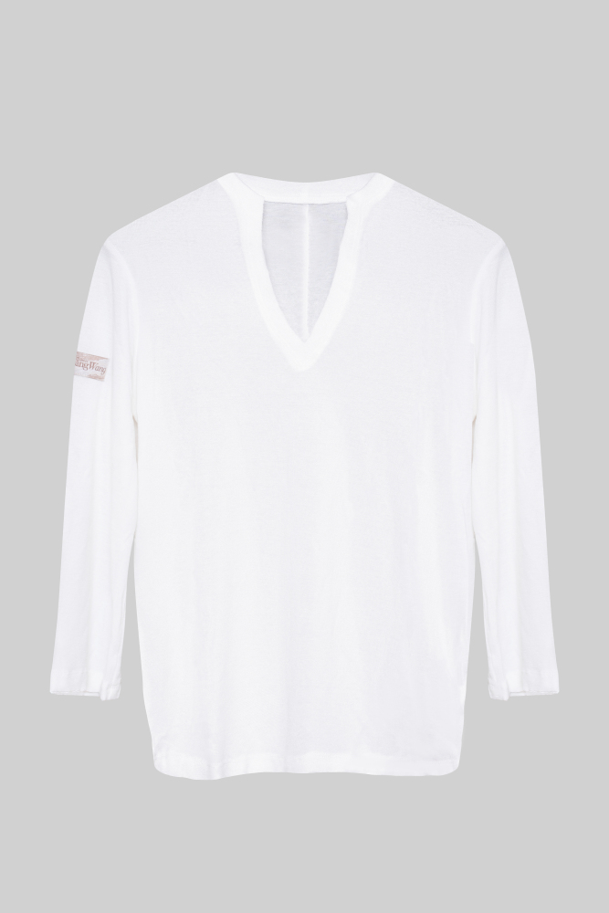 Boys' Frayed Hem V Neck Top (White)