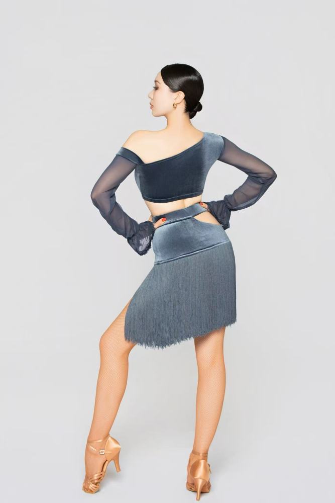 Women's Hollow-Out Velvet Fringe Skirt（Gray-Blue）#251014