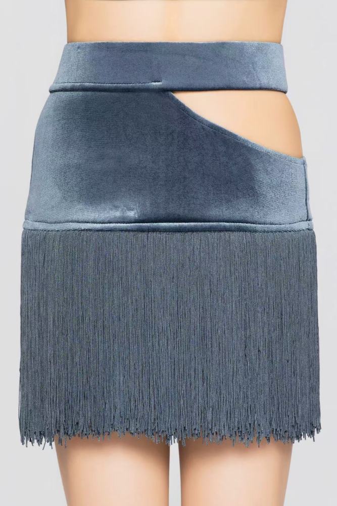 Girl's Hollow-Out Velvet Fringe Skirt（Gray-Blue）#251012