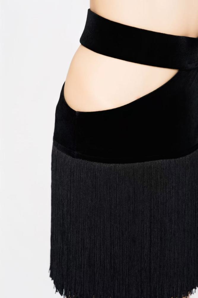 Girl's Hollow-Out Velvet Fringe Skirt（Gray-Blue）#251012