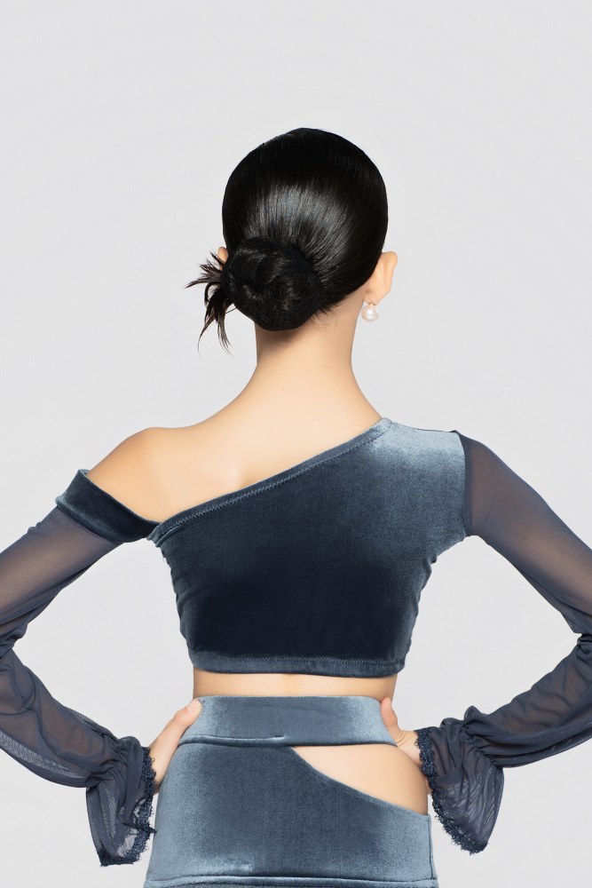 Girl’s Bell-Sleeve Short Velvet Top（Gray-Blue）#251011