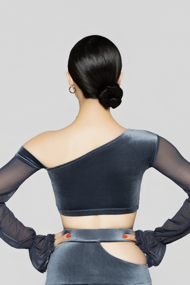 Women's Bell-Sleeve Short Velvet Top（Gray-Blue）#251013