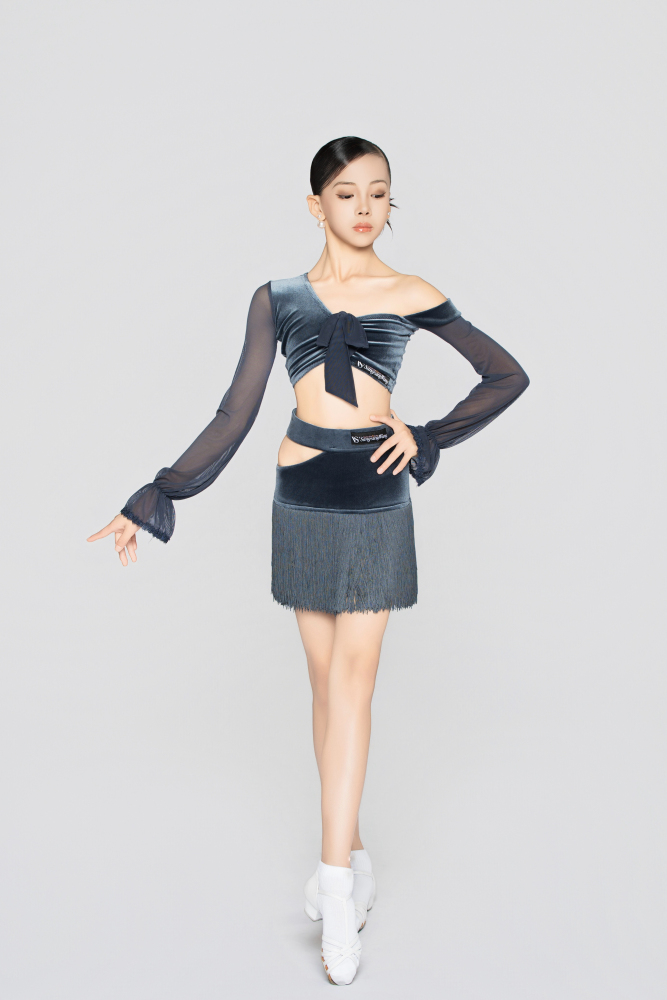 Girl's Hollow-Out Velvet Fringe Skirt（Gray-Blue）#251012