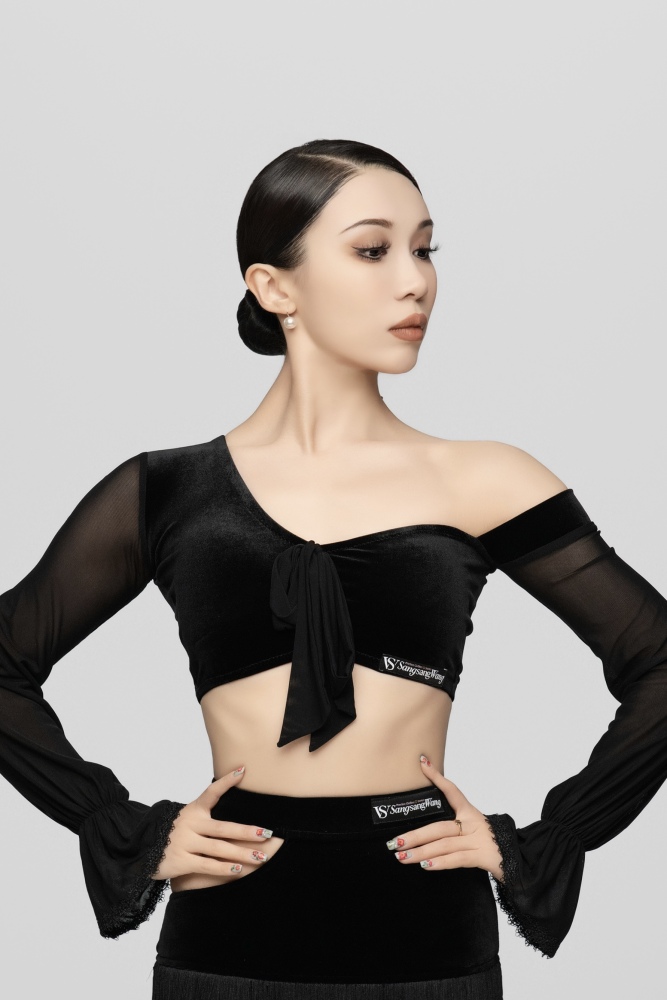 Women's Bell-Sleeve Short Velvet Top（Gray-Blue）#251013