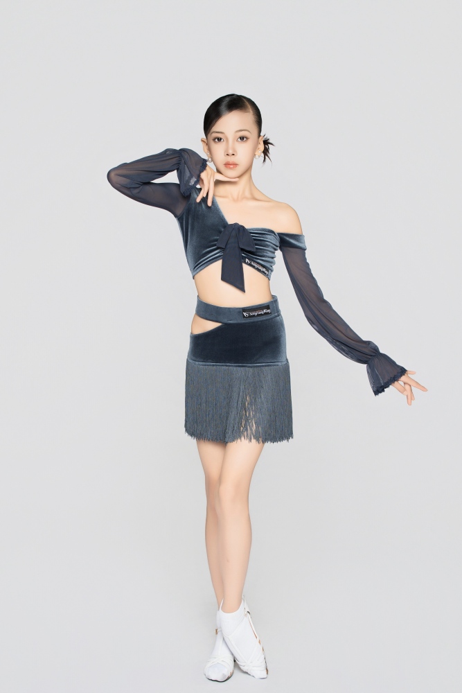Girl's Hollow-Out Velvet Fringe Skirt（Gray-Blue）#251012