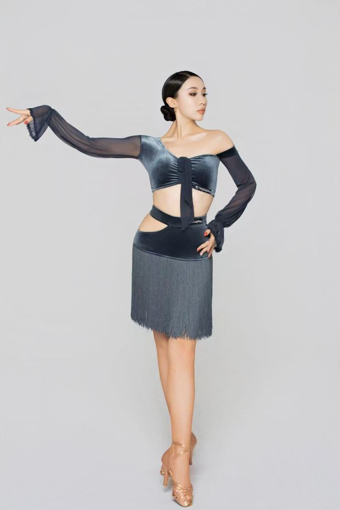 Women's Hollow-Out Velvet Fringe Skirt（Gray-Blue）#251014