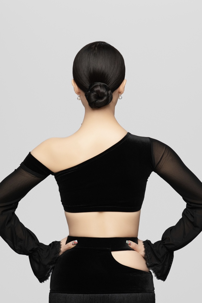 Women's Bell-Sleeve Short Velvet Top（Gray-Blue）#251013