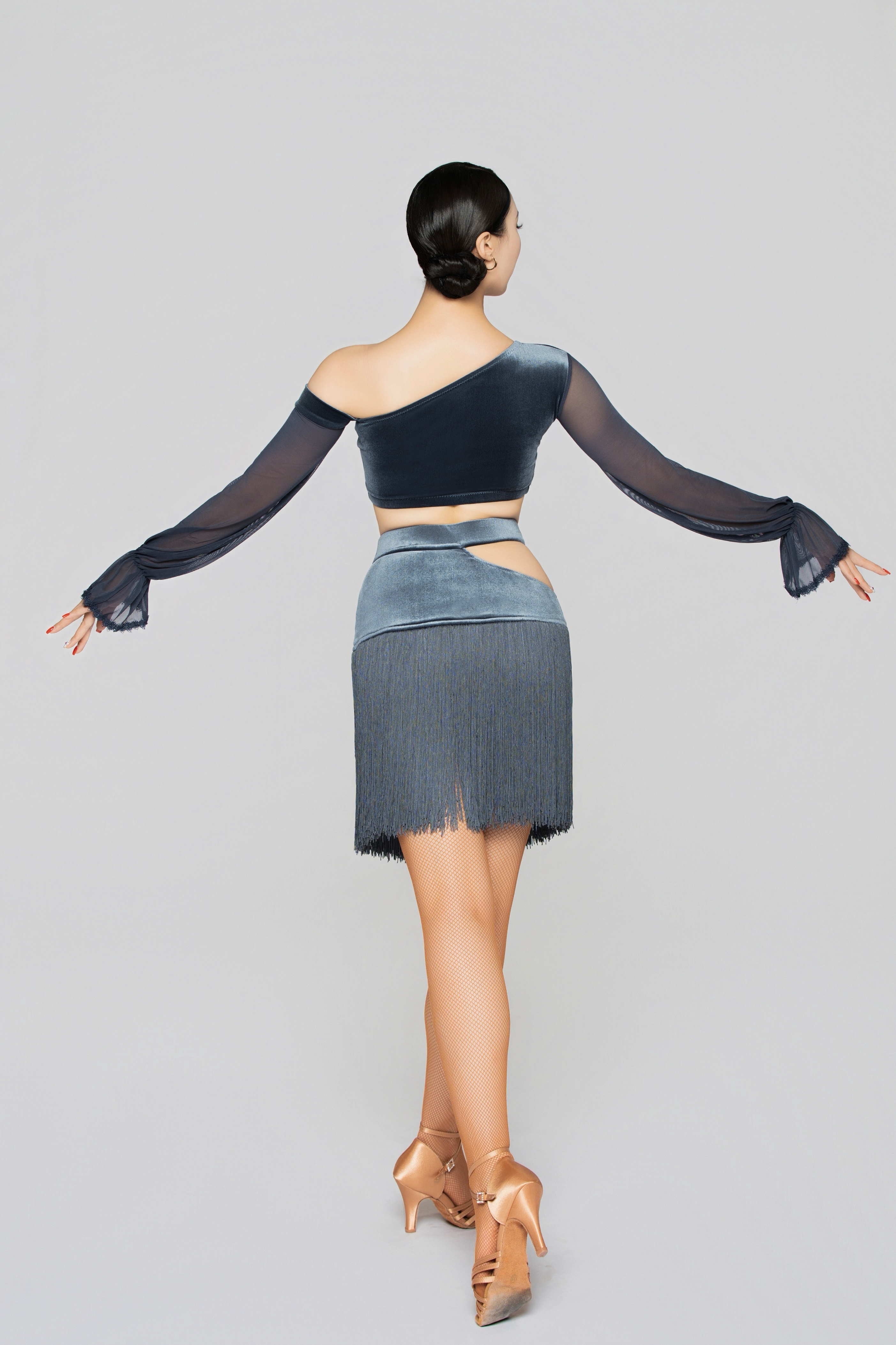 Women's Bell-Sleeve Short Velvet Top（Gray-Blue）#251013
