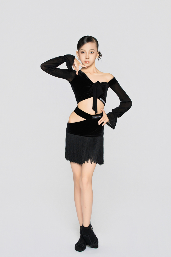 Girl's Hollow-Out Velvet Fringe Skirt（Gray-Blue）#251012