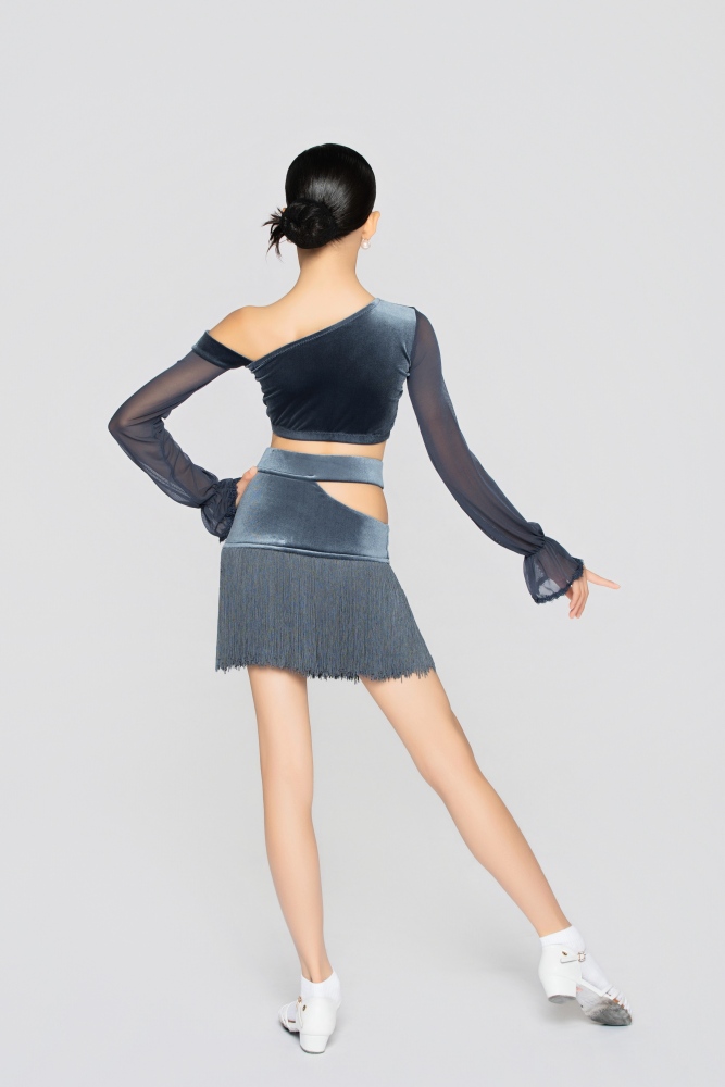 Girl’s Bell-Sleeve Short Velvet Top（Gray-Blue）#251011