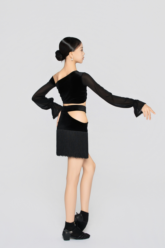Girl's Hollow-Out Velvet Fringe Skirt（Gray-Blue）#251012
