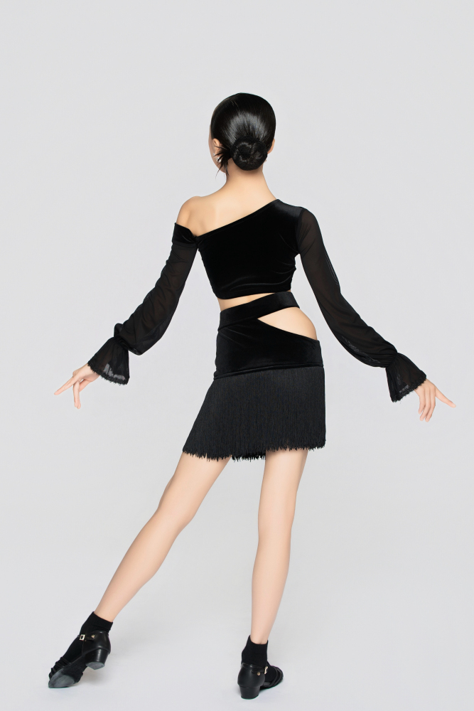 Girl's Hollow-Out Velvet Fringe Skirt（Gray-Blue）#251012
