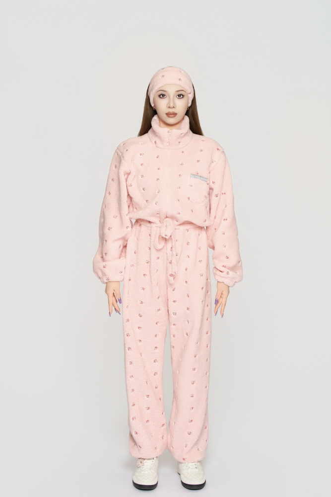 Women's Custom Embroidered Fleece Onesie (Pink Small Flowers)#251101
