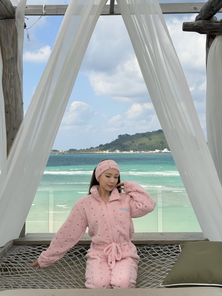 Women's Custom Embroidered Fleece Onesie (Pink Small Flowers)#251101