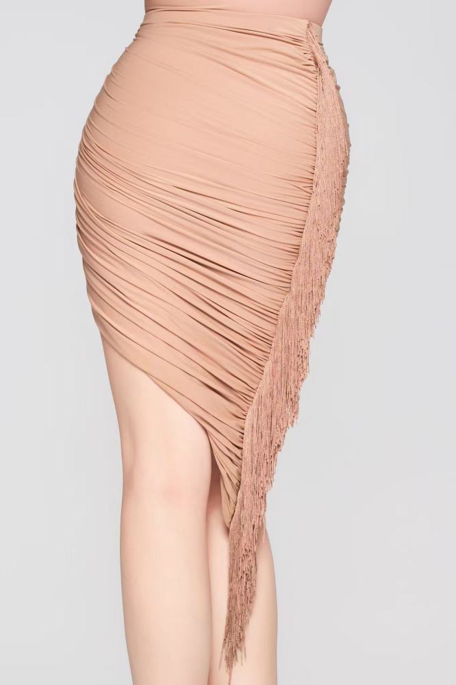 Women’s Barely There Ultra-Lightweight Pleated Fringe Asymmetric Skirt（Nude）#251107