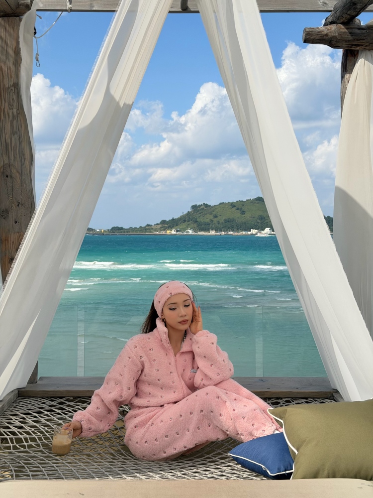 Women's Custom Embroidered Fleece Onesie (Pink Small Flowers)#251101
