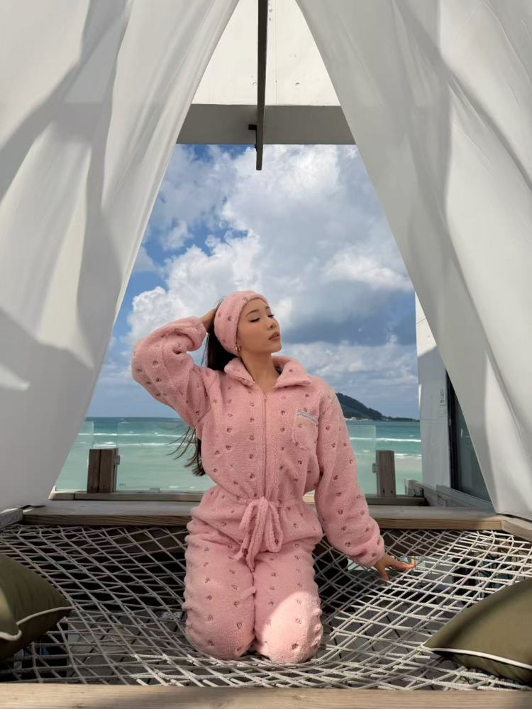 Women's Custom Embroidered Fleece Onesie (Pink Small Flowers)#251101