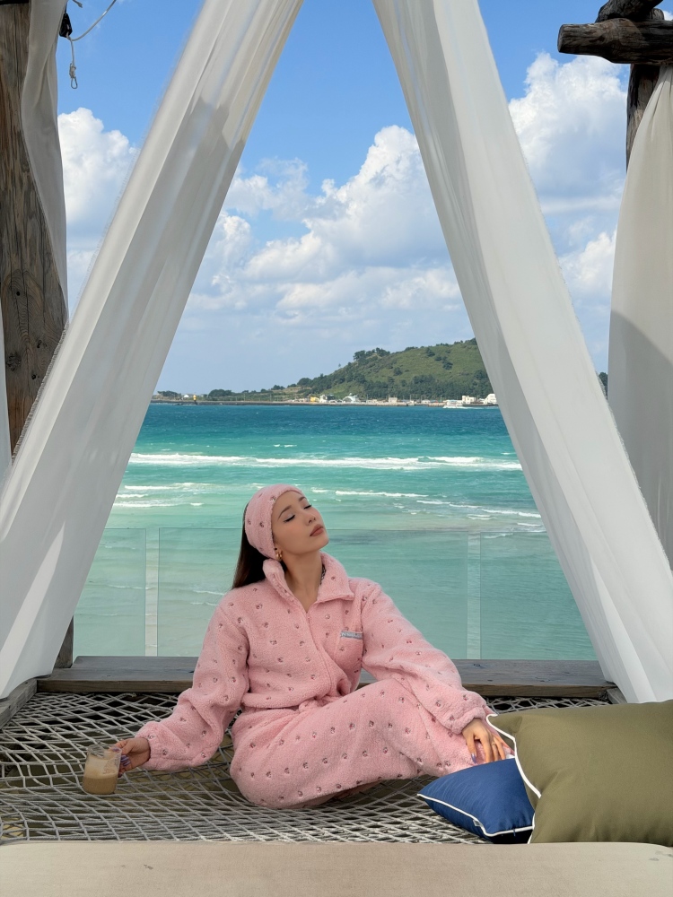 Women's Custom Embroidered Fleece Onesie (Pink Small Flowers)#251101