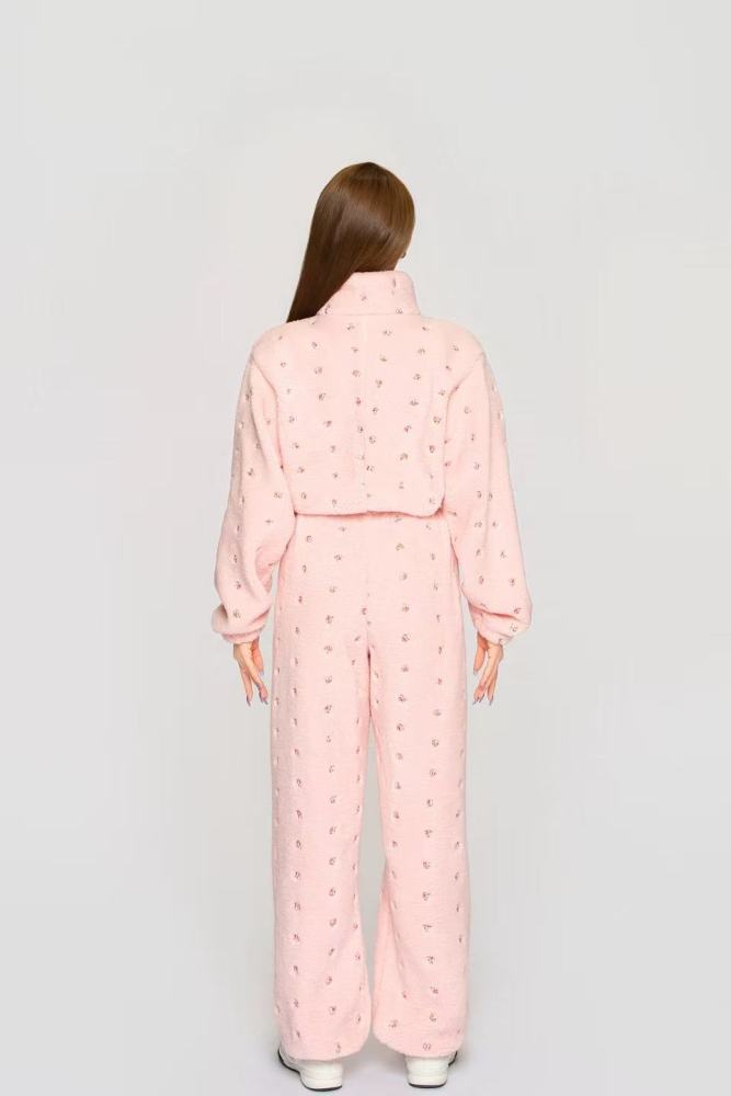 Women's Custom Embroidered Fleece Onesie (Pink Small Flowers)#251101