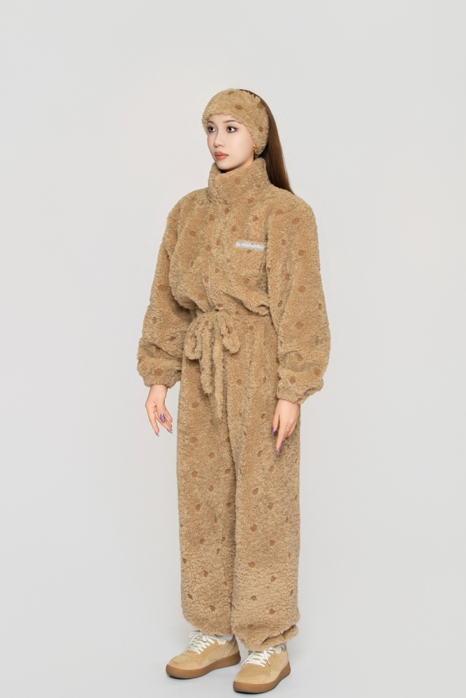 Women's Custom Embroidered Fleece Onesie (Pink Small Flowers)#251101