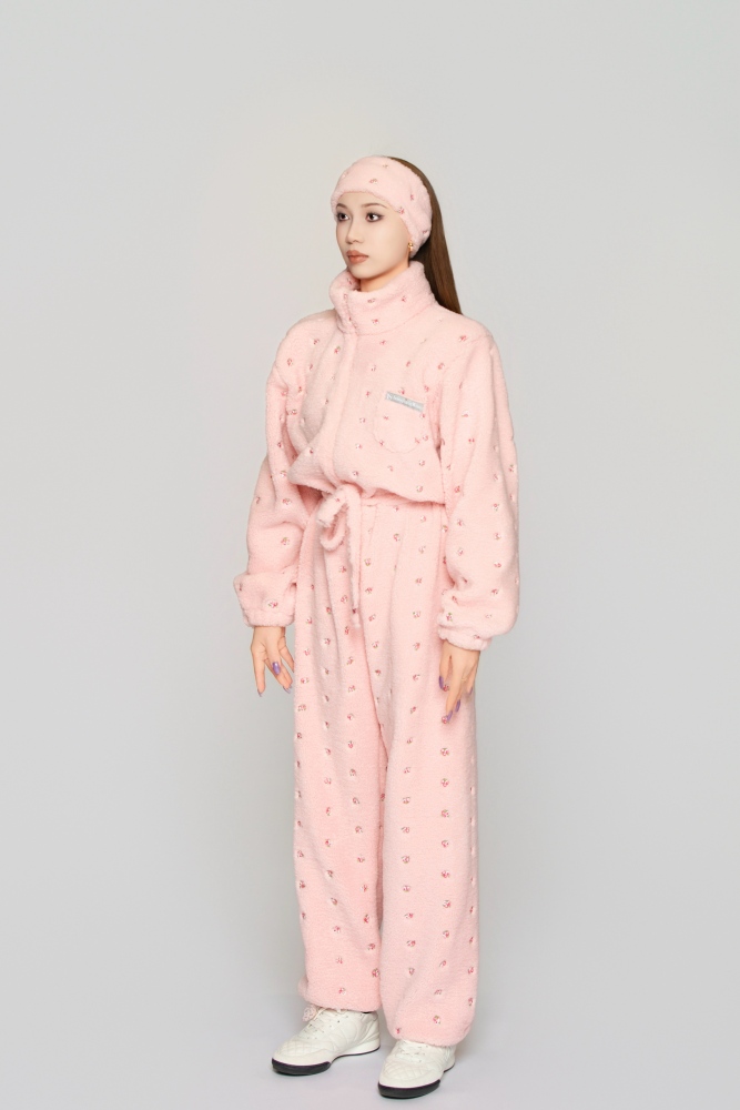 Women's Custom Embroidered Fleece Onesie (Pink Small Flowers)#251101