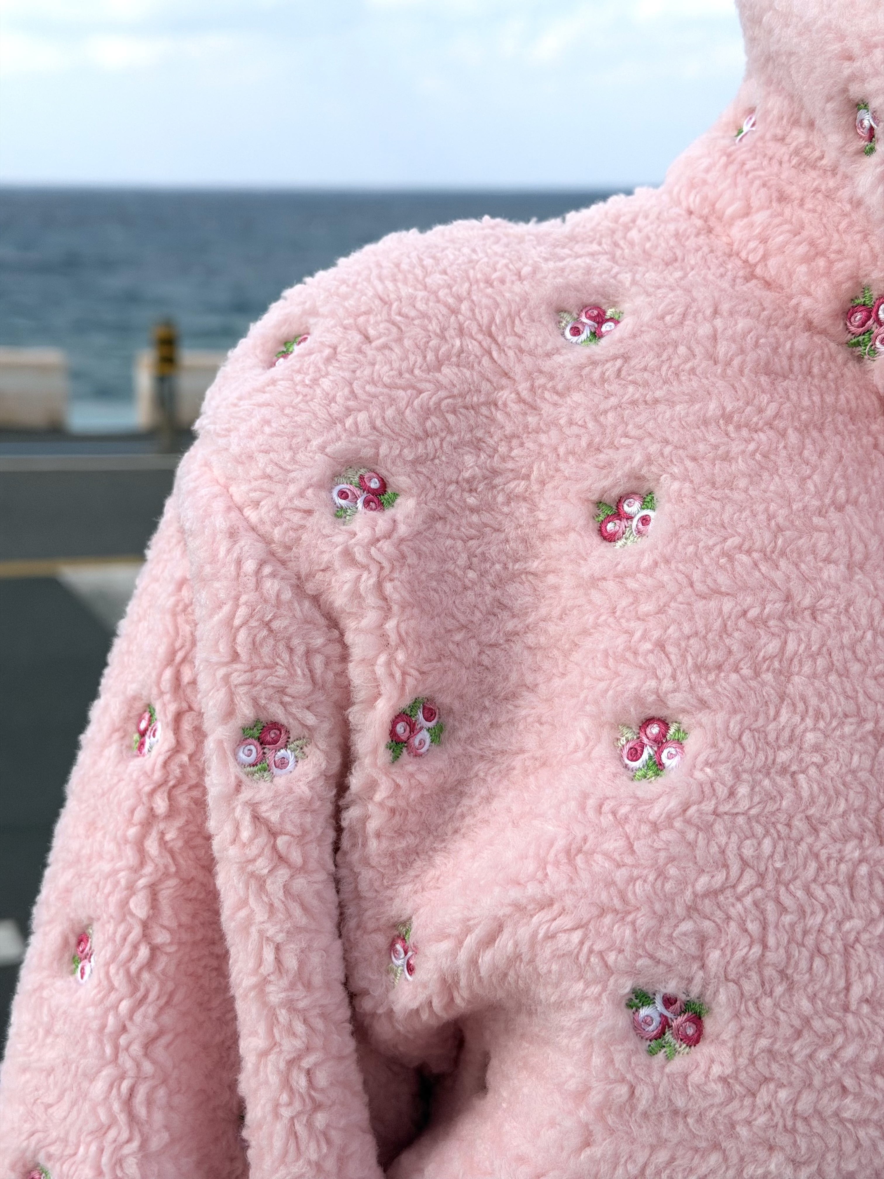Women's Custom Embroidered Fleece Onesie (Pink Small Flowers)#251101
