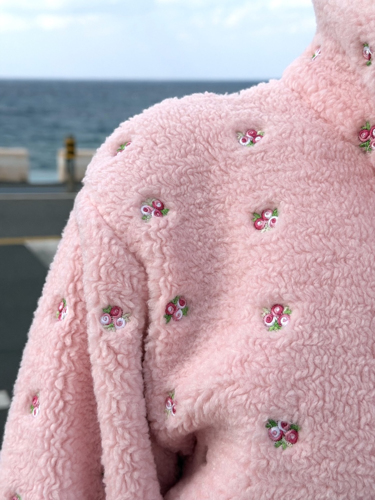 Women's Custom Embroidered Fleece Onesie (Pink Small Flowers)#251101