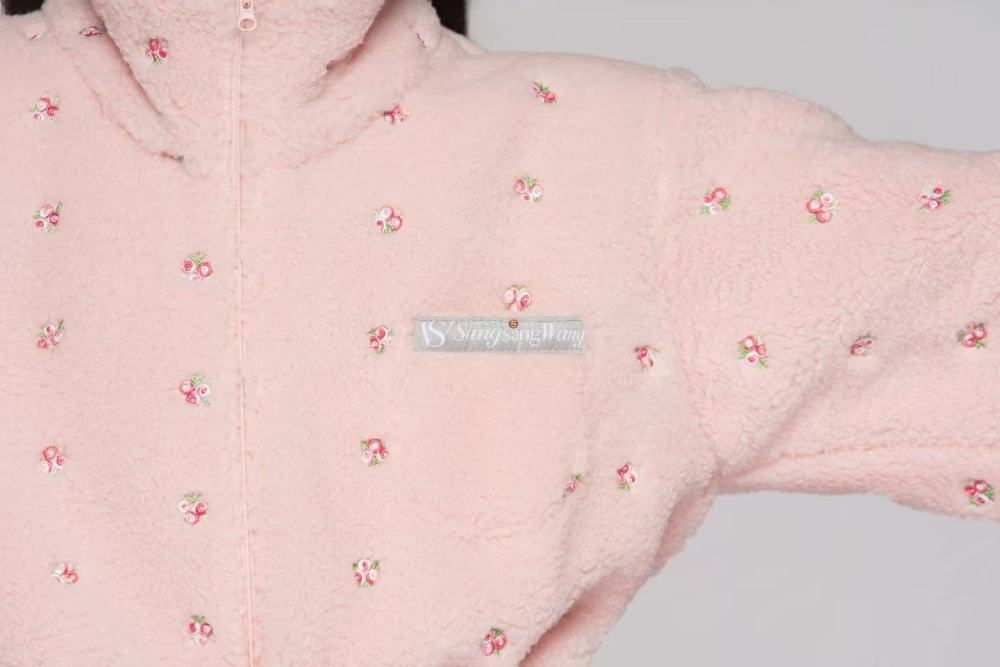 Girls' Custom Embroidered Fleece Onesie (Pink Small Flowers)#251103